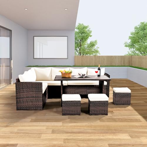 Wumiokio Patio Furniture Set, 7 Pieces Outdoor Patio Furniture with Dining Table&Chair, All Weather Wicker Conversation Set with Ottoman,Brown Rattan & Ivory Cushions (Include Sofa Dust Cover)