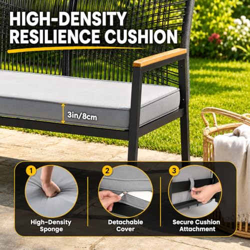 LIFERUN Outdoor Rattan Loveseat Bench, 43" Patio Bench for 2 with 3.15" Cushion,704LBS, Wicker Patio Furniture Seating, Curved Backrest, WPC Armrests, 500 lb Capacity for Porch Balcony Deck, Grey