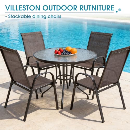 Villeston 24.4" Wide Outdoor Stackable Chairs Set of 4, Stacking Patio Chairs with Textilene Fabric, Outside Furniture for Garden Backyard Balconie Poolside Deck, Brown