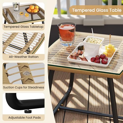 Yaheetech 3 Piece Patio Bistro Set Outdoor Wicker Bistro Furniture Sets, 2 Rattan Chairs and Glass Top Table for Patio, Balcony, Porch, Poolside, Backyard 3 PCS/Tan/Black