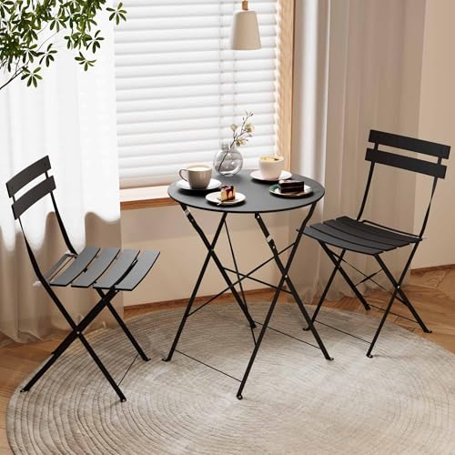 EO Living 3-Piece Steel Folding Bistro Set, Premium Weather-Resistant Patio Table & 2 Chairs for Balcony, Garden, Yard, Poolside & Indoor (Black)
