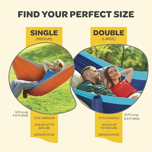 Durable Hammock 400 lb Capacity, Nylon Camping Hammock Chair - Double or Single Sizes w/Tree Straps and Attached Carry Bag - Portable for Travel/Backpacking/Beach/Backyard (Medium, Blue & Light Blue)