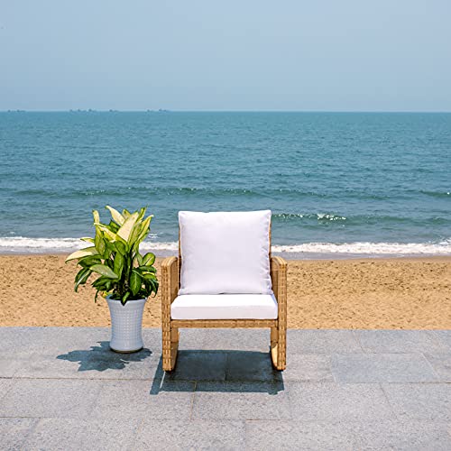 SAFAVIEH Outdoor - Daire Rocking Chair - Natural & White - Steel Frame Faux & Rattan with Cushion - Open-Frame Design - Ideal for Patio, Deck, Porch, Backyard, 14.4" Seat Height (PAT7721D)