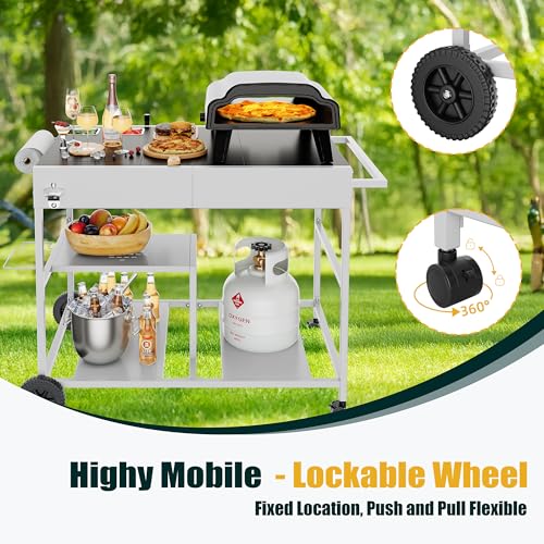 Shintenchi Pizza Oven Cart Table with Topping Station and Wheels, Outdoor Tabletop Grill Table Stand, Movable Food Prep Workcart Fits for Ninja and Blackstone Woodfire Grill