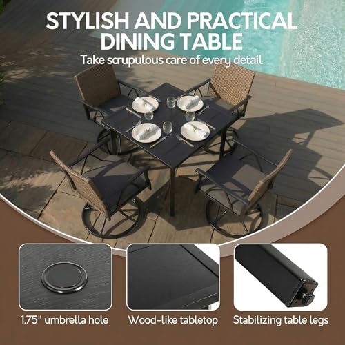 Andehomy 5-Piece Patio Dining Set for 4，Outdoor Dining Set with Wicker Swivel Patio Dining Chairs with Cushions & 1 Black Square Woodgrain Dining Table with 1.75”Market Umbrella Hole, Black & Brown