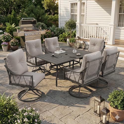 EROMMY 7-Piece Outdoor Patio Dining Set, 6 Wicker Swivel Rocking Chairs with 4" Cushions, Rectangular Table with Adjustable Umbrella Hole for Backyard, Deck, Black