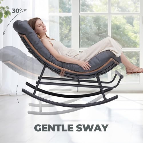 COMHOMA Outdoor Rocking Papasan Chair, Oversized Wicker Patio Rocker, Indoor Comfy Wicker Reading Lounge, Bed-Like Comfort Egg Chair for Bedroom,Balcony, Porch, Garden, Grey