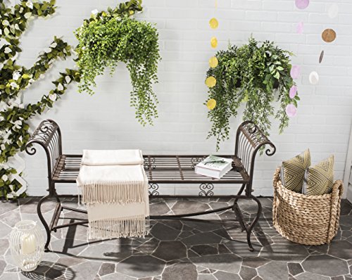 SAFAVIEH Outdoor - Brielle Iron Garden Bench - Rustic Brown - Vintage Ornate Scrollwork Design - Ideal for Patio, Deck, Porch, Garden, 52" W x 16" D x 25.5" H (PAT5004B)