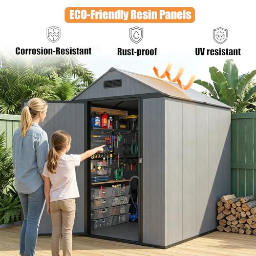 MNLR Resin Storage Shed 4x6 FT with Floor - Weatherproof Outdoor Plastic Tool Shed with Sloped Roof, Built-in Vents & Padlock-Ready Door, Small Garden Shed for Backyard Patio Lawn