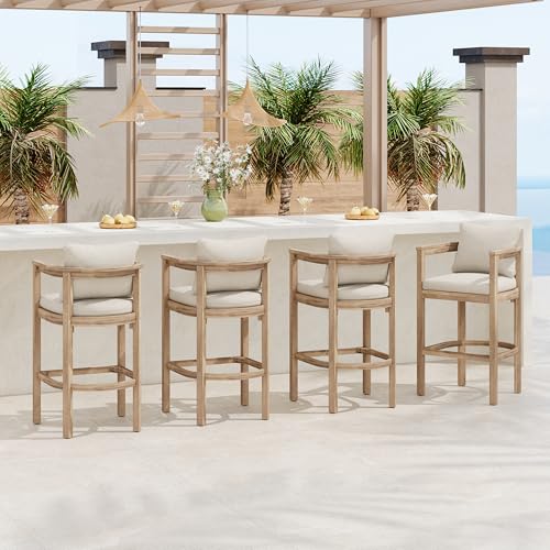 Christopher Knight Home Kuart Acacia Wood Outdoor Bar Stool Set of 4 with Cushion, Patio Armchair Set for Bar Table, Wooden Patio Counter Height Bar Stool with Footrest, Natural Washed+Beige