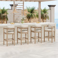 Christopher Knight Home Kuart Acacia Wood Outdoor Bar Stool Set of 4 with Cushion, Patio Armchair Set for Bar Table, Wooden Patio Counter Height Bar Stool with Footrest, Natural Washed+Beige