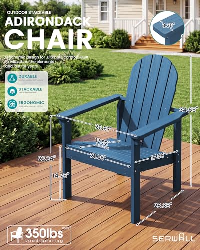 SERWALL Stackable Modern Adirondack Chairs Set of 4, HDPE Outdoor Patio Chairs with Space-Saving Design, All-Weather Fire Pit Chairs with Widened Seat for Deck, Backyard, Garden, Lawn (Blue)
