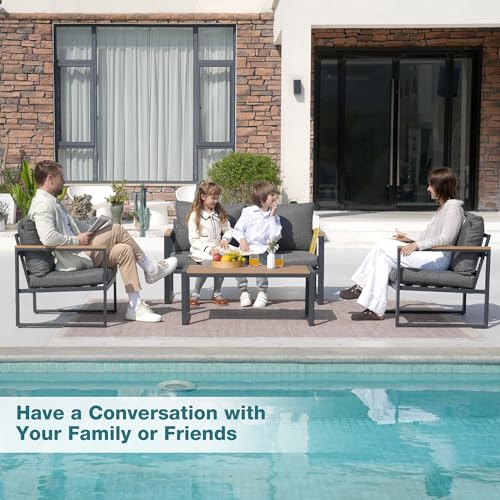 COMLAX FIELD Patio Furniture Set, 4 Pieces Outdoor Patio Furniture with Coffee Table Set, Metal Patio Conversation Sets with Washable and High-Resiliency Sponge Cushions,Upgarded Grey