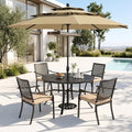 PHI VILLA 5 Pieces Outdoor Dining Set for 4 with Umbrella, 42" Large Round Metal Steel Table & Stackable Iron Chairs with Cushions & 10ft Beige Umbrella, Modern Furniture for Patio, Deck, Yard, Porch
