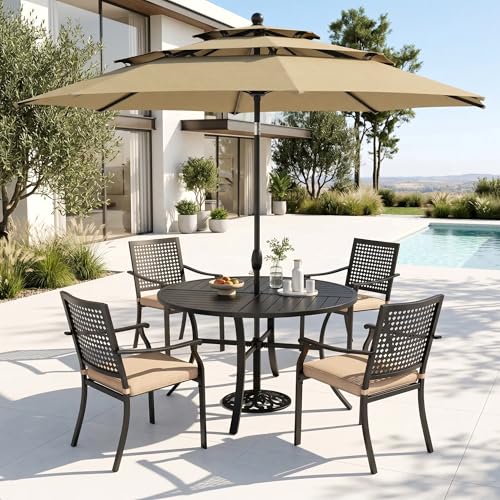 PHI VILLA 5 Pieces Outdoor Dining Set for 4 with Umbrella, 42" Large Round Metal Steel Table & Stackable Iron Chairs with Cushions & 10ft Beige Umbrella, Modern Furniture for Patio, Deck, Yard, Porch
