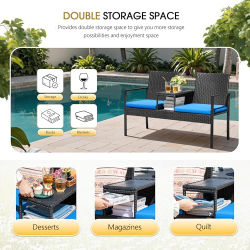 Devoko Patio Conversation Sets Outdoor Loveseat with Built-in Table & Cushions Wicker Patio Furniture Porch Chairs Bench for Lawn, Backyard, Balcony (Blue)