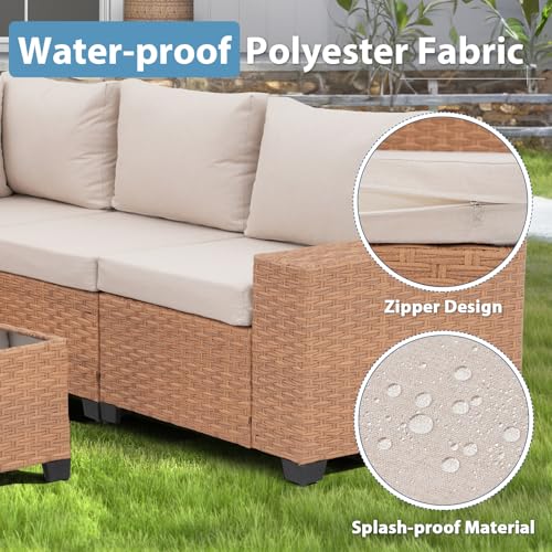 JOIVI 6-Piece Outdoor Sectional Patio Furniture Set, All-Weather Wicker Conversation Sectional with 8” Wide Armrests & 4” Cushions, Modular L-Shaped Sofa for Backyard, Garden & Porch, Beige