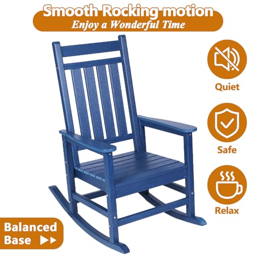Oversized Outdoor Rocking Chair with Ergonomic Backrest, HDPE Patio Racking Chairs for Front Porch Outside All Weather, 300 LBS Capacity (Single, Navy Blue)