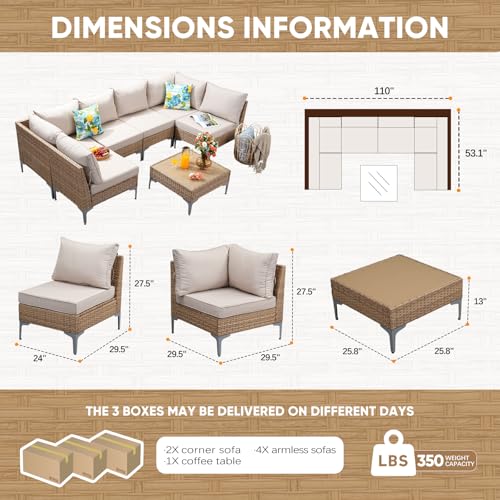 JOYURE 7 Piece Wicker Patio Furniture Set,Outdoor Conversation Sectional Sofa w/Coffee Table,All-Weather Outdoor Sofa with Thick and Anti-Slip Cushions for Deck,Poolside,Garden,Beige