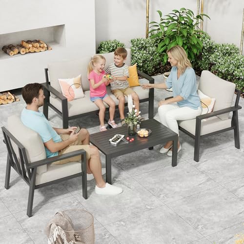 VONZOY Aluminum Patio Furniture Sets Metal Outdoor Furniture Set with Cushion All-Weather Sectional Sofa with Coffee Table for for Backyard, Garden and Poolside Easy Assembly(Beige)