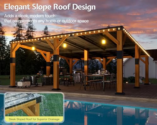 Jocisland 20' x 20' Cedar Wood Gazebo with Sloped Galvanized Steel Roof, Hardtop Gazebo Pavilion with Durable, Rot-Resistant Construction, Permanent Outdoor Pergola for Backyard, Garden & Deck