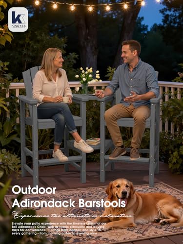 KINGYES Tall Adirondack Chair Set of 2, All-Weather HDPE Outdoor Adirondack Barstools with Removable Double Connecting Trays, High Airondack Chair with Wood Grain, Embossed Balcony Chair, Gray