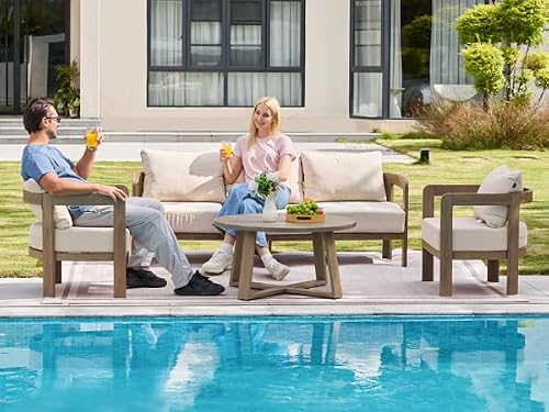 COMLAX FIELD Indoor Round Coffee Table with 35.5” Woodgrain Finish Table Top, Outdoor Metal Modern Side Table 125lbs for Backyard Porch Balcony Living Room, Brown