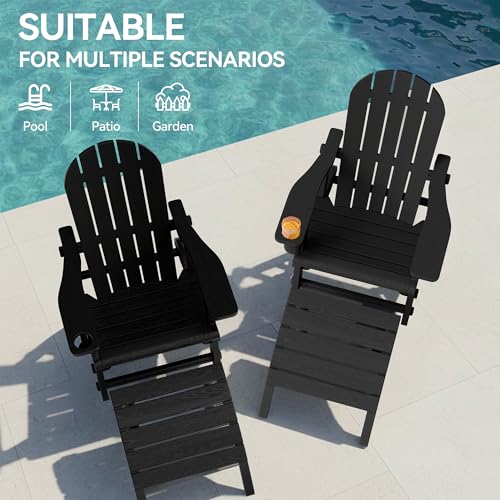 Vongrasig Adirondack Chairs Set of 2 with Removable Tabletop and Footrest, HDPE Plastic Outdoor Chair Set with Wooden Textured, Cup Holder for Patio, Poolside, Garden, Black, 5 Pieces
