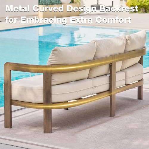 COMLAX FIELD Aluminum Outdoor Patio Sofa, 3-Seat All-Weather Metal Modern Couch with Washable Thick Cushion for Garden/Backyard/Porch, Beige