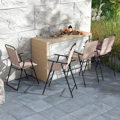Giantex Outdoor Folding Bar Chair Set of 2, Counter-Height Patio Chairs with Backrest, Armrests, Footrest, Metal Frame, Patio Furniture Chair Set for Backyard Poolside Balcony, 330 LBS Capacity