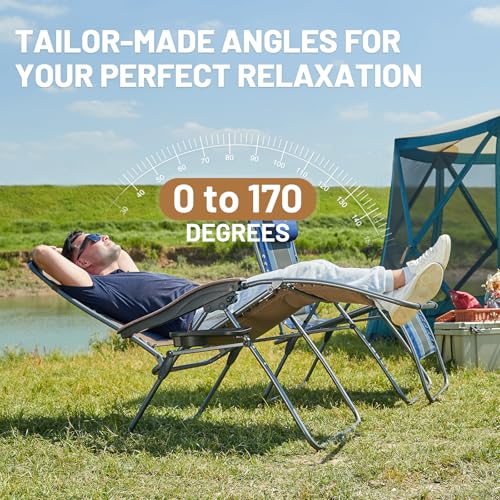 TIMBER RIDGE Outdoor Reclining Patio Padded with Adjustable Headrest and Cup Holder Foldable Zero Gravity Lawn Chair XL for Adults, Support up to 350 LBS, Brown,1 Count