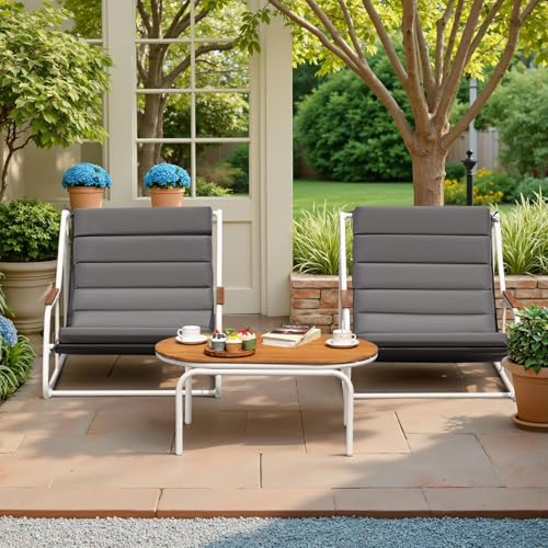 Devoko 3-Piece Patio Furniture Set 2 All-Weather Teslin Chaise Lounge Chairs with Acacia Wood Side Table for Porch, Poolside, Backyard Outdoor Lounge (Grey)