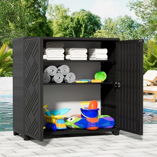 KINYING Outdoor Storage Cabinet Waterproof with 2 Shelves, 60 Gallon Resin Storage Shed for Patio/Garden/Backyard, Outdoor Storage Box for Cushions,Garden Tools and Pool Supplies,Black