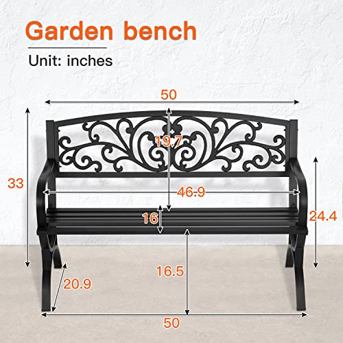 Patio Garden Bench 50 inch Outdoor Metal Loveseat Chairs with Armrests Slatted Seat and w/Floral Design Backrest for Park, Yard, Porch, Lawn, Balcony, Backyard, Black