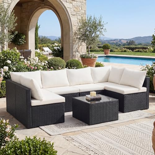 DUMOS 7 Piece Outdoor Patio Sectional Sofa, Modular Wicker Furniture Set with 2.8" Thick Cushions, Adjustable Feet, Weather-Resistant Rattan Outdoor Couch for Backyard, Deck, Garden, Poolside, Black