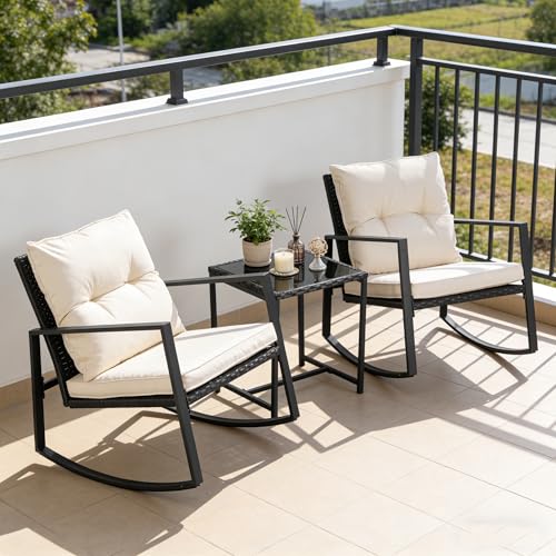 SUNCROWN 3 Piece Outdoor Rocking Bistro Set Black Wicker Furniture Porch Chairs Conversation Sets with Glass Coffee Table, Beige
