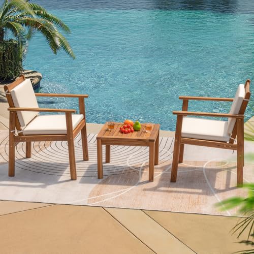 Greesum Outdoor Patio Furniture, 3 Piece Bistro Sofa Set with 1 Coffee Table and 2 Chairs, Acacia Wood Conversation Sets with Cushions, for Garden, Backyard, Poolside, White