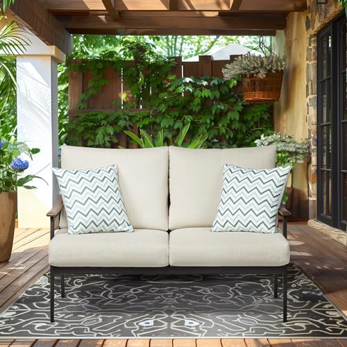 NATURAL EXPRESSIONS Patio Loveseat Sofa Outdoor Furniture Metal Chair with Wicker Backrest & 6 Inches Cushion for Indoor, Front Porch, Deck, Balcony, Backyard, 51.77"(L) x 29.75"(W) x 33.86"(H).