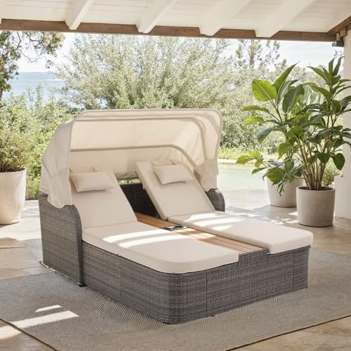 SAFAVIEH Outdoor - Victoria Grey Brown & Taupe Double Daybed, Rattan Canopy Lounger with Reversible Cushions, Cup Holders, Patio Furniture for Deck, Backyard, Poolside (PAT7759A)