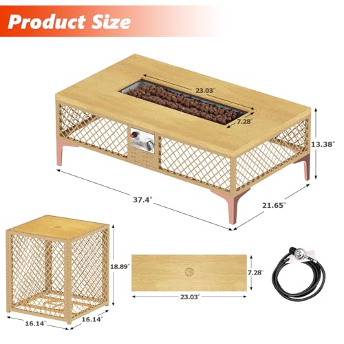 LYNSLIM Outdoor Fire Pit Table with Tank Table, CSA Certifed 60,000 BTU Stainless Steel Burner, Rattan Rectangular Propane Patio Firepit Table for Outside with Exterior, Porch, Backyard or Garden