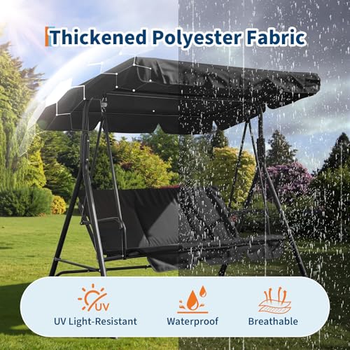 GarveeLife 3-Person Outdoor Porch Swing Chair with Adjustable Canopy, Breathable Fabric Seat and Backrest, Armrests, Heavy-Duty Frame, 600 lbs Capacity, for Patio, Backyard or Garden, Black