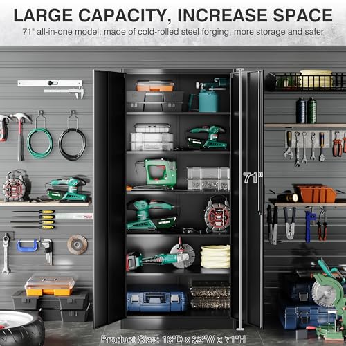 SISESOL Metal Storage Cabinet with 2 Doors and 6 Shelves,Black Metal Cabinet with Lock,71" Lockable Garage Storage Cabinets,Locking File Cabinet,Steel Tool Cabinets for Home,Office,Garage,Shop,School