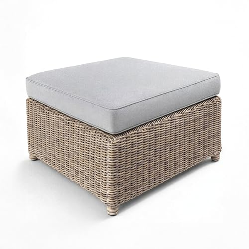 Martha Stewart Lily Pond Rattan Wicker Indoor-Outdoor Patio Ottoman in Weathered Gray with 4" Gray Olefin Cushion, Steel Frame and Zippered Removable Cushion Cover