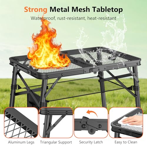Folding Grill Table for Outside, 3 Height Adjustable Small Camping Table with Mesh Bag, Metal Aluminum Folding Table, 23.62 x 15.75 inches, Portable Grill Stand for Picnic, Camping, BBQ, Beach, Black