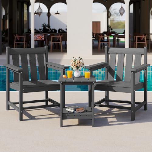 SEWRWALL 3 Pieces Patio Bistro Set, All Weather Adirondack Chair Set with Side Table, HDPE Material Outdoor Patio Furniture Set for Balcony, Porch, Garden, Backyard- Gray