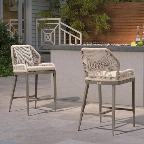PURPLE LEAF Counter Height Bar Stools Set of 2 Rattan Woven Aluminum Modern Barstools with Back and Arms for Patio Balcony Pool Outdoor Accent Counter Stool Chairs