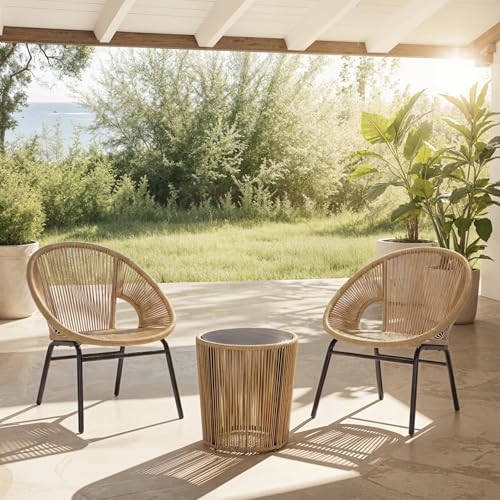 SAFAVIEH Outdoor Patio Furniture Collection – Otto Natural Rattan & Black 3-Piece Set, Modern Rope Chairs & Matching Table (PAT7549A)