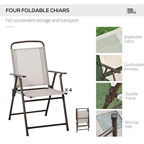 Outsunny 6 Piece Patio Dining Set for 4 with Umbrella, Outdoor Table and Chairs with 4 Folding Dining Chairs & Round Glass Table for Garden, Backyard and Poolside, Beige