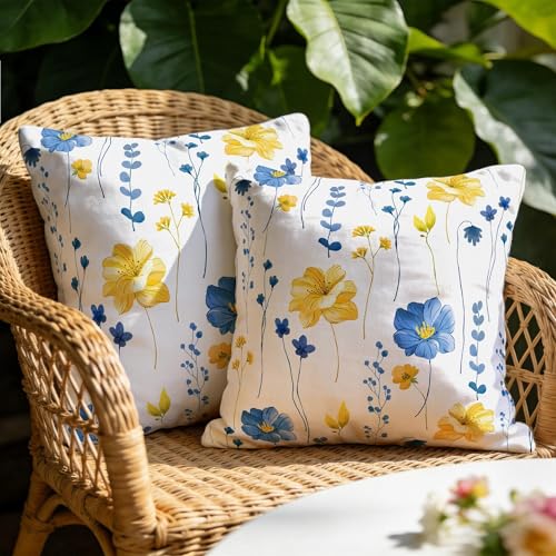 Waiyear Navy Blue Yellow Floral Outdoor Pillow Covers 18x18 Watercolor Flower Decorative Waterproof Throw Pillow Cover for Patio Funiture Garden Bench Balcony Sofa Couch Spring Summer Decor Set of 2