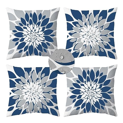 Qahing Pack of 4 Outdoor Waterproof Pillow Covers 18x18 Decorative Outdoor Throw Pillows Garden Square Cases for Patio Furniture, Couch, Tent Sunbrella, Bench, Blue Grey